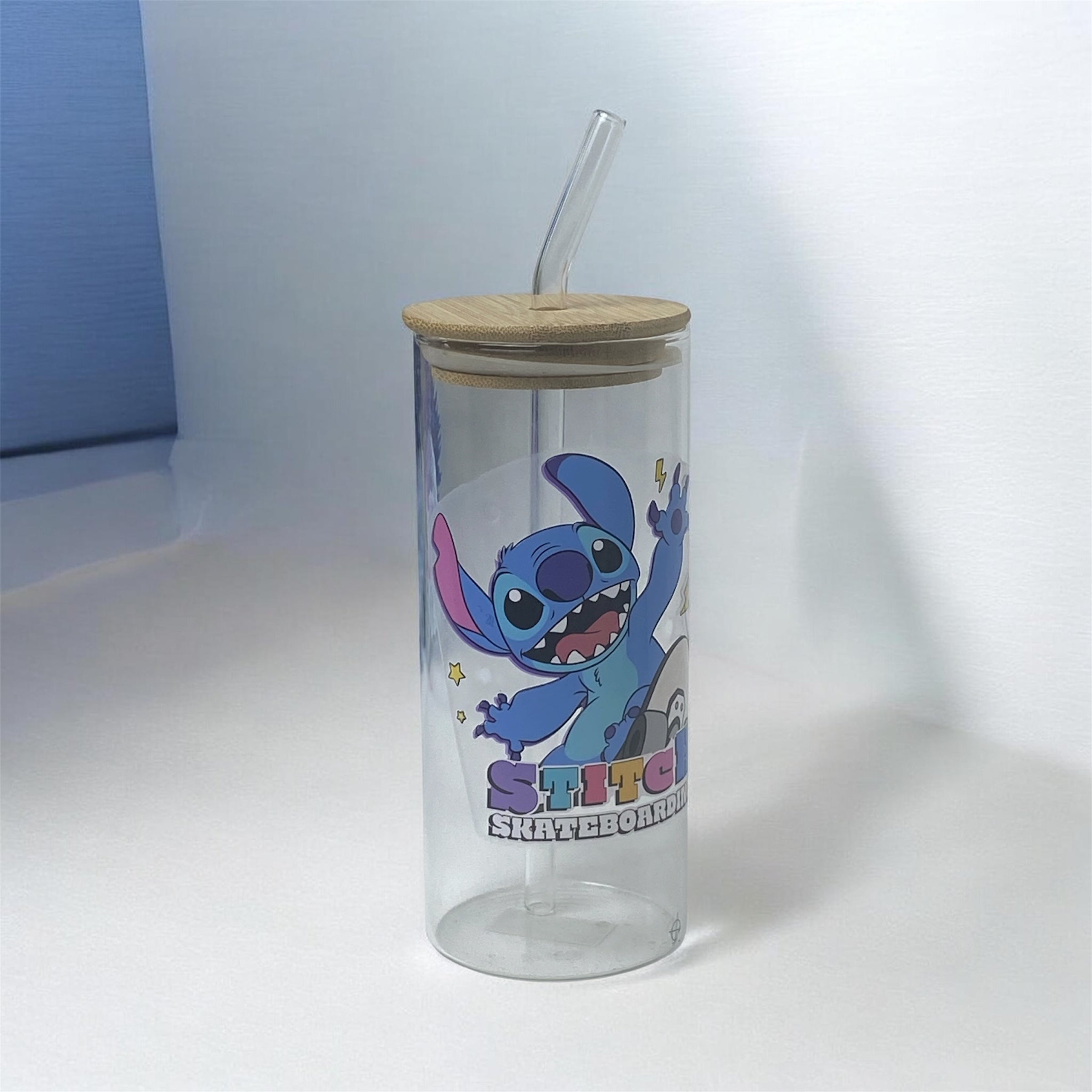 Stitch Cartoon Glass Tumbler with Bamboo Lid & Straw