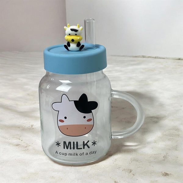 Cute Glass Cow Milk Mug with Silicone Lid and Straw