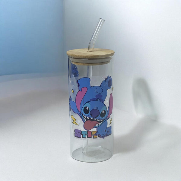 Stitch Character Glass Tumbler with Bamboo Lid and Straw