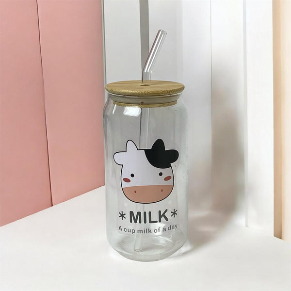 Cute Cow Print Glass Can Tumbler with Bamboo Lid and Straw