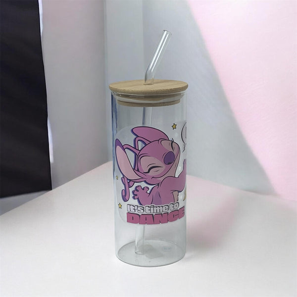 Angel Stitch “Time to Dance” Glass Tumbler with Bamboo Lid & Straw