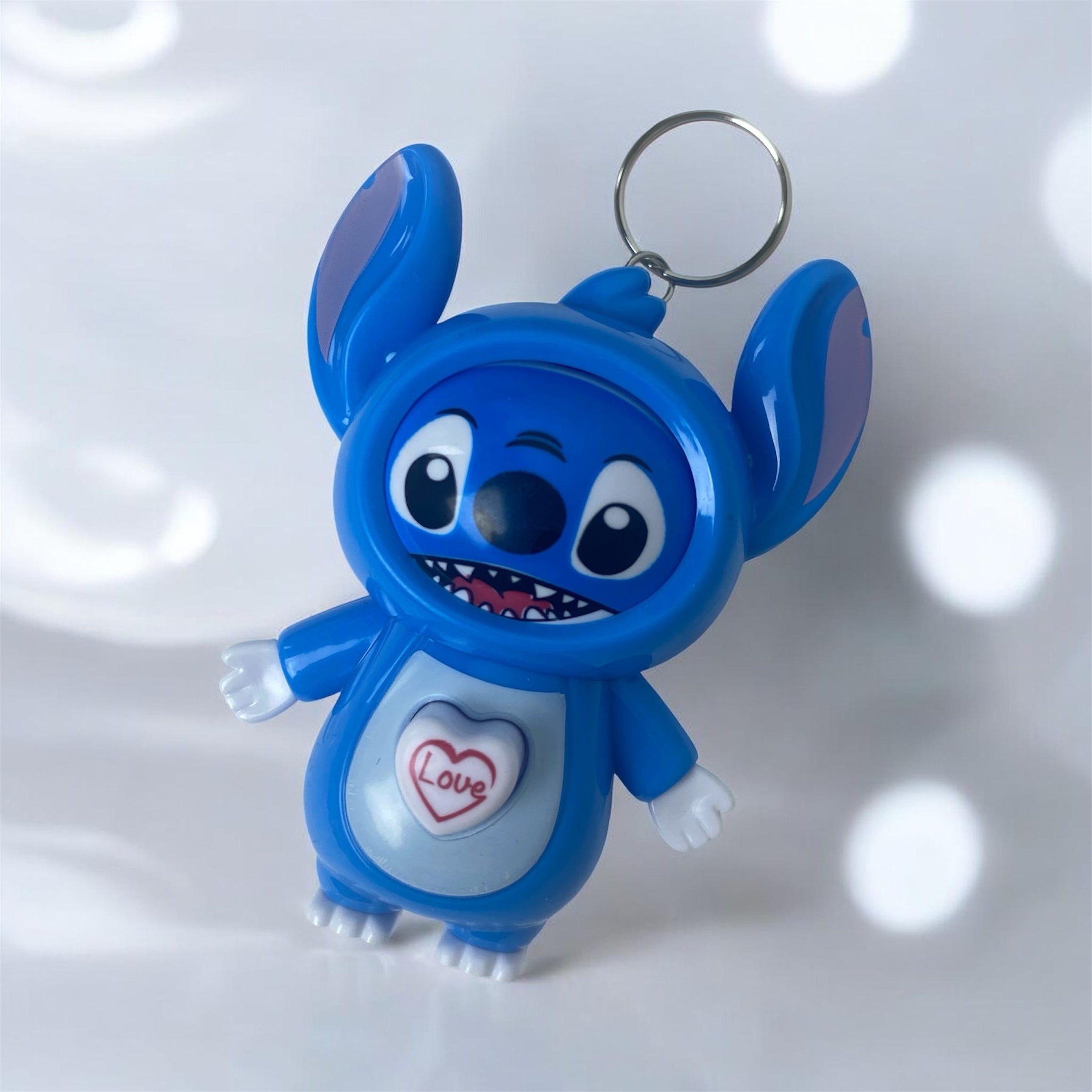 Stitch Light & Sound Keychain – Blue Alien Heart Button Keyring