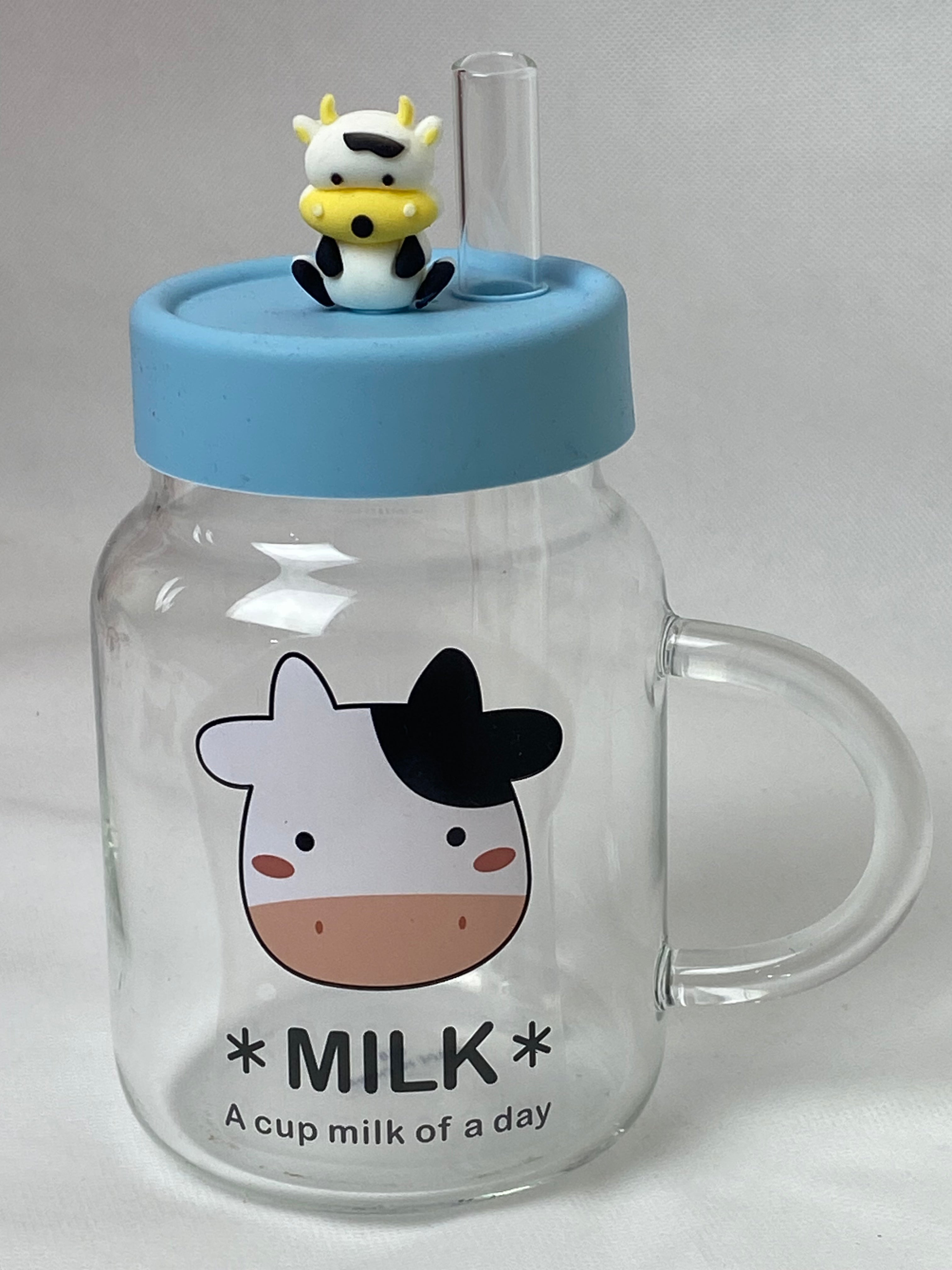 Cute Glass Cow Milk Mug with Silicone Lid and Straw