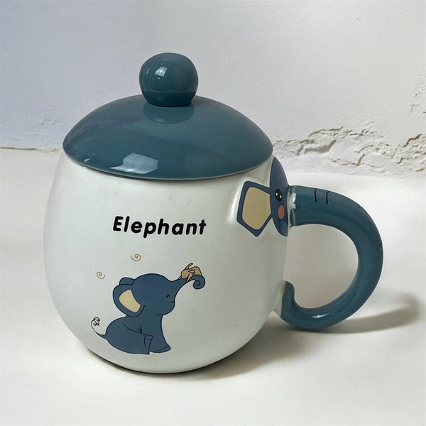 Cute Sleeping Elephant Ceramic Mug with Lid – Trunk Handle Coffee Cup