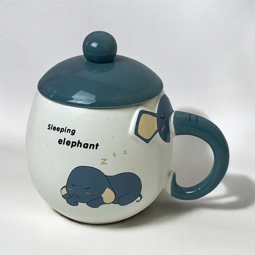 Cute Sleeping Elephant Ceramic Mug with Lid – Trunk Handle Coffee Cup