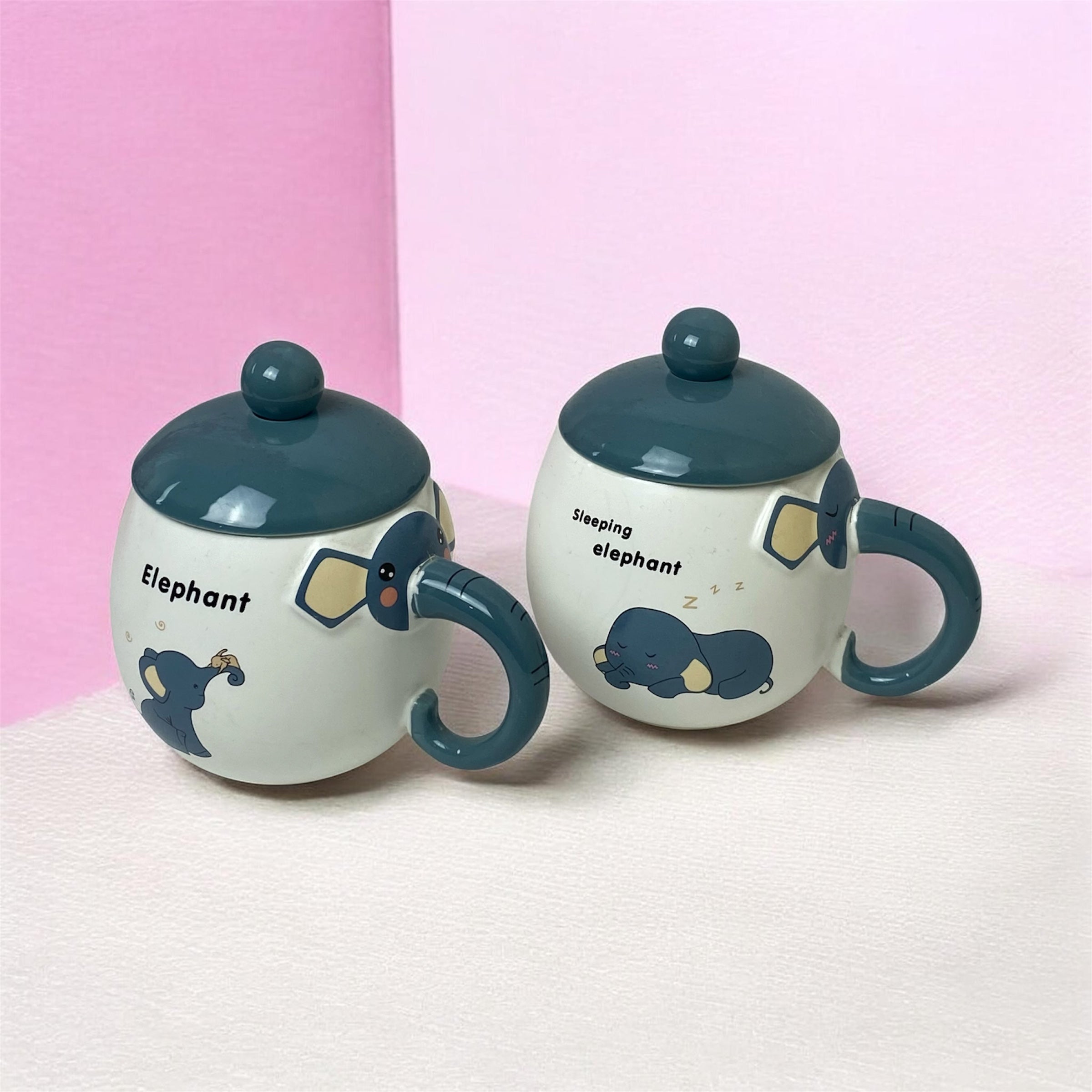 Cute Sleeping Elephant Ceramic Mug with Lid – Trunk Handle Coffee Cup