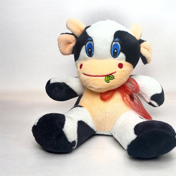 Cute Spotted Cow Plush Toy – Seated Stuffed Animal with Blue Eyes and Red Ribbon Bow