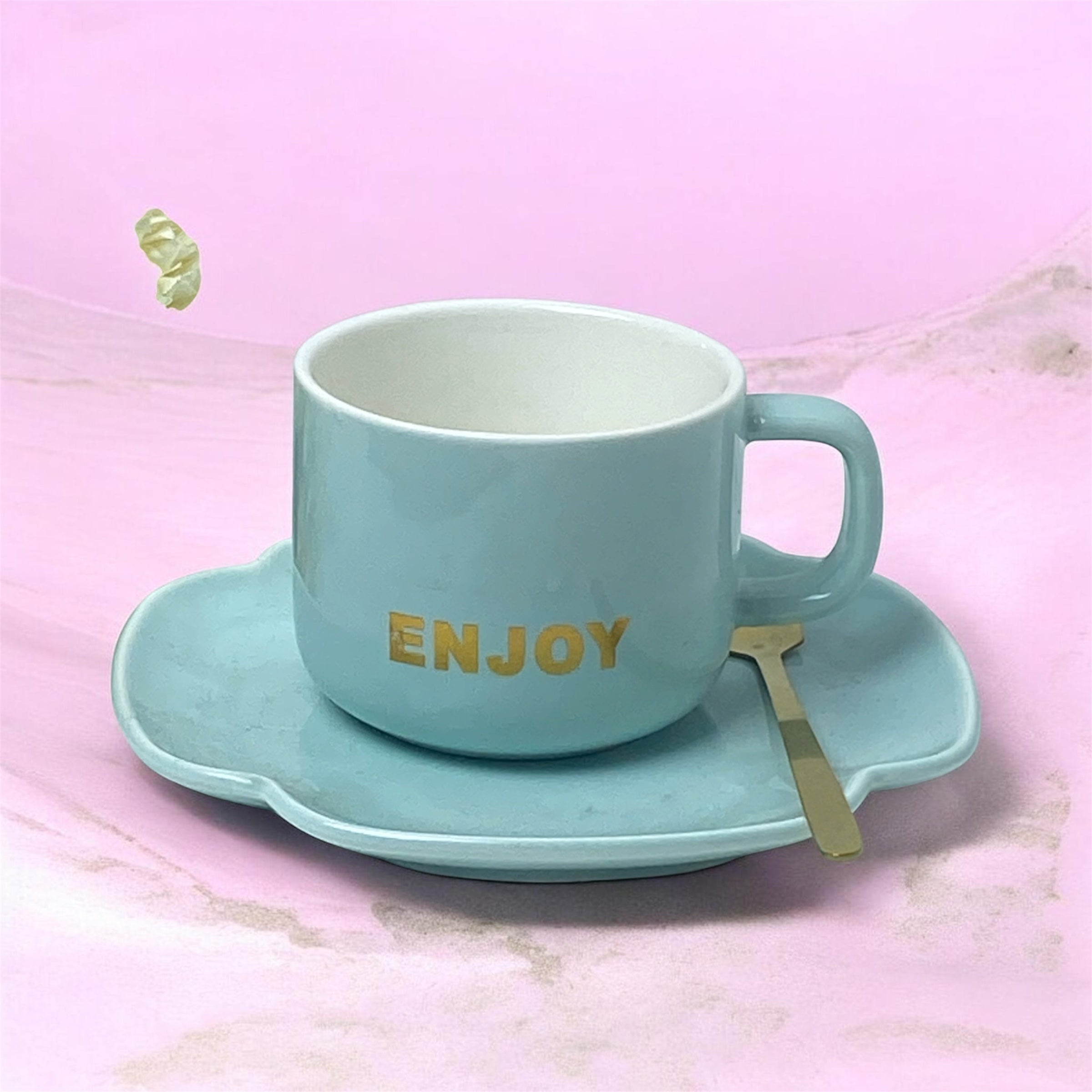 Pastel Blue Ceramic Cup & Flower Saucer Set