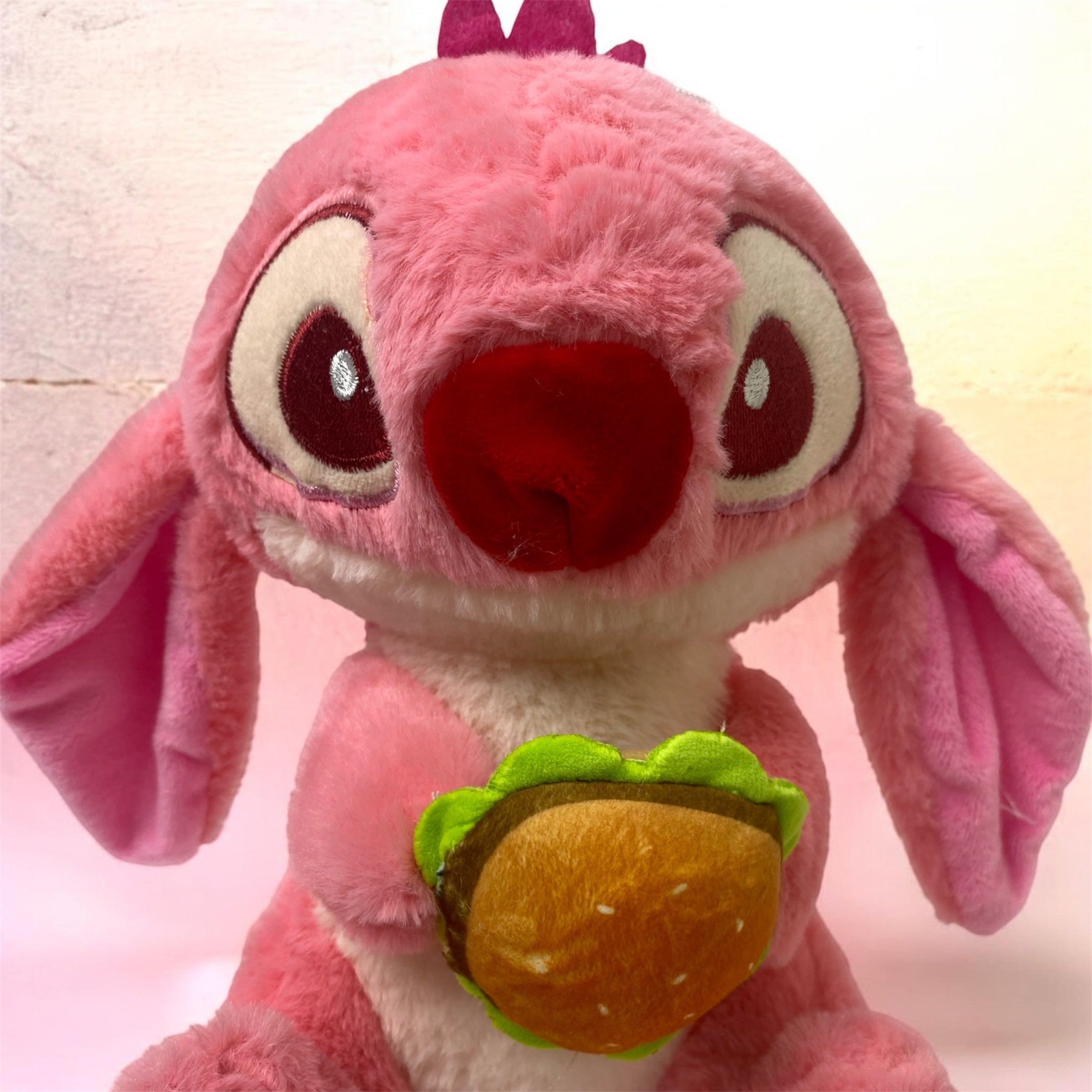Disney Lilo & Stitch Angel Plush Toy – Stuffed Animal Holding Hamburger, Soft Pink Alien Plushie Collectible