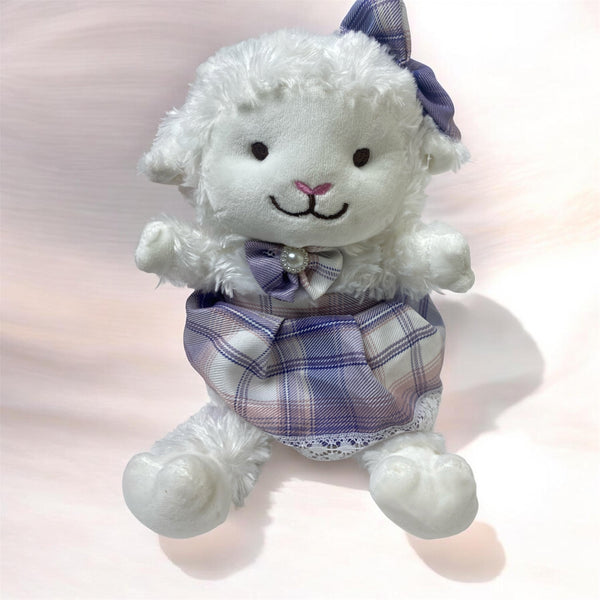 Adorable Plaid-Dressed Lamb Plush Toy – Soft White Sheep with Lavender Bows