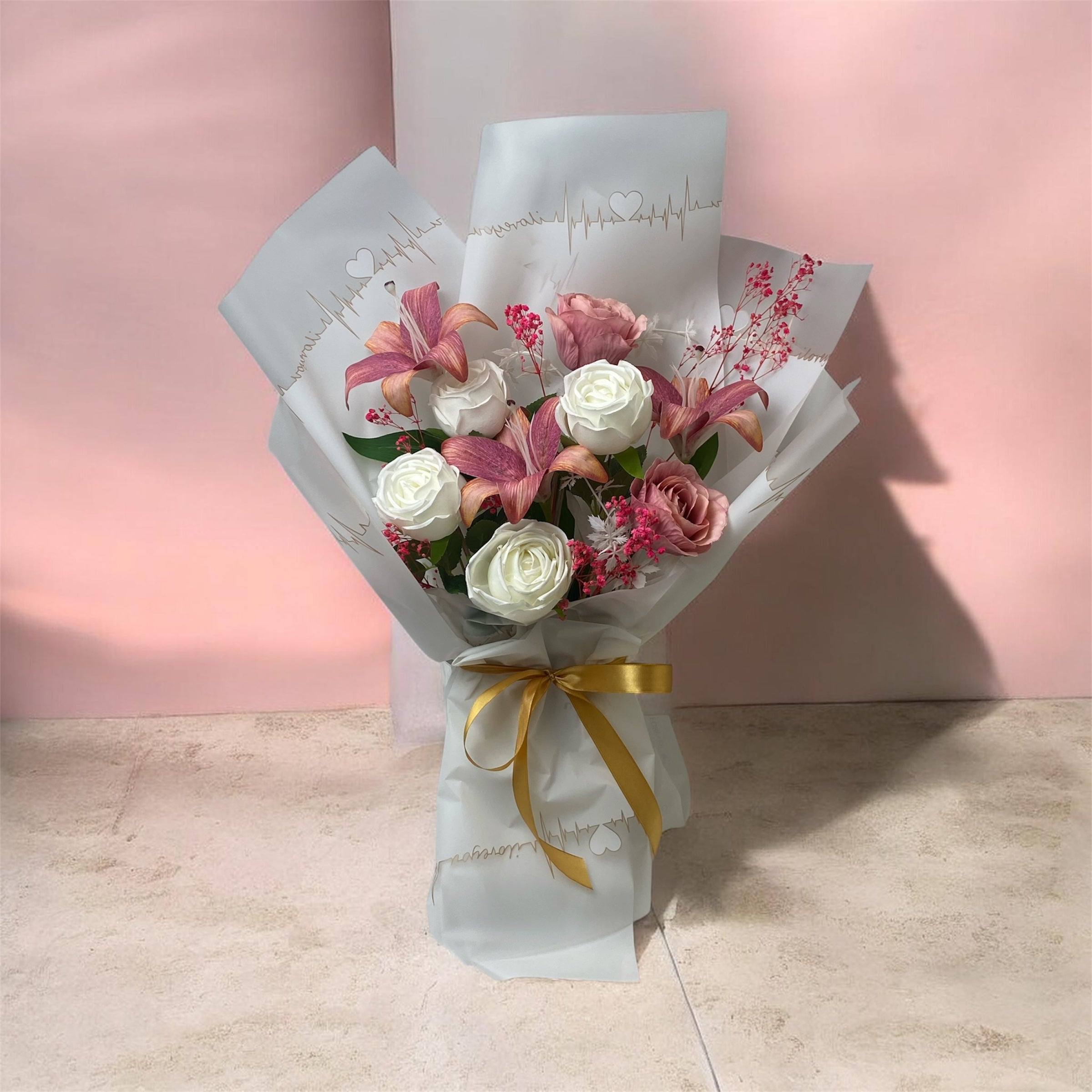 Elegant Mixed Rose & Lily Floral Bouquet in Heartbeat Wrapping – Luxury Gift