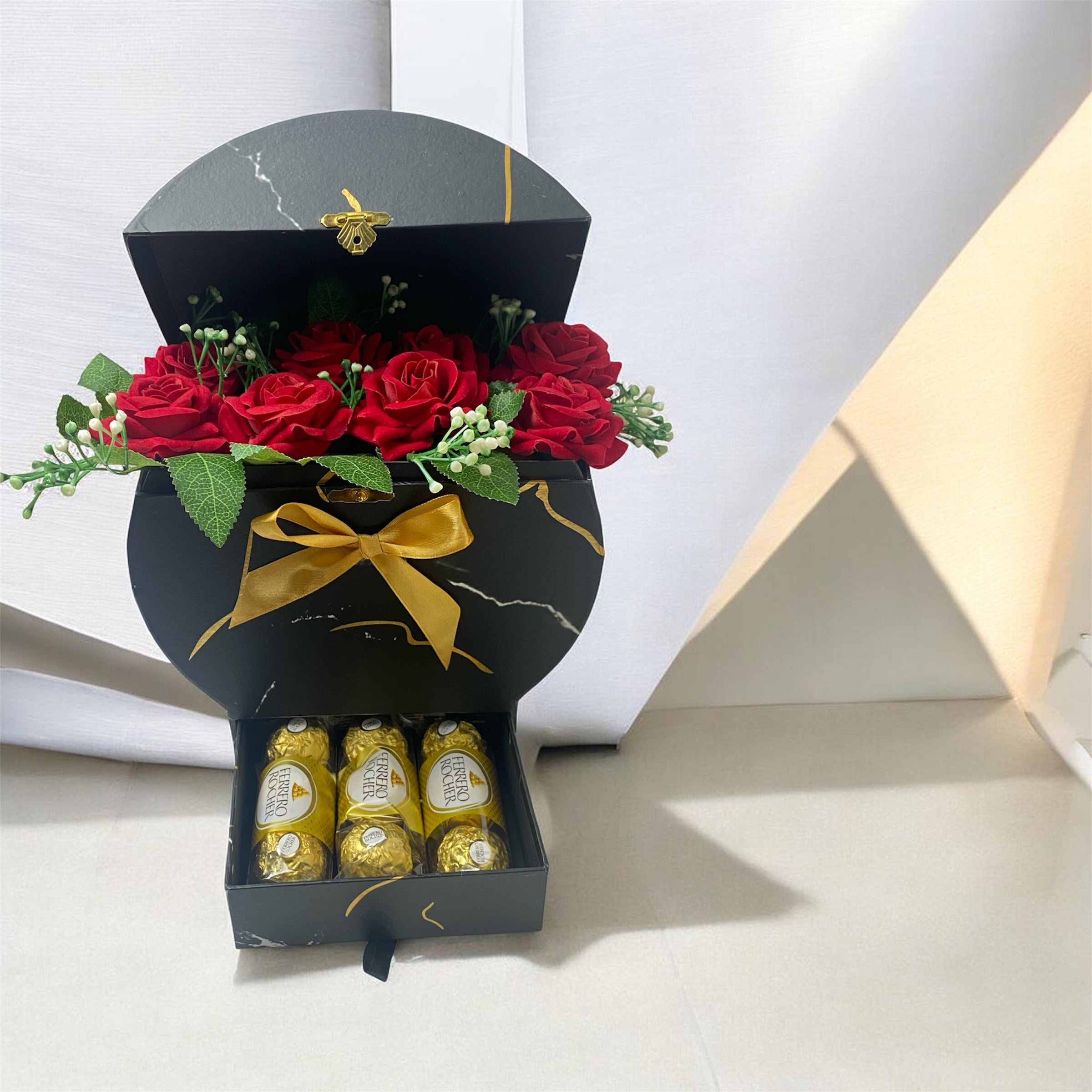 Luxury Black Marble Gift Box with Red Roses & Ferrero Rocher Chocolates