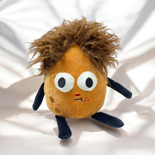 Funny Potato Plushie with Wild Brown Hair and Googly Eyes